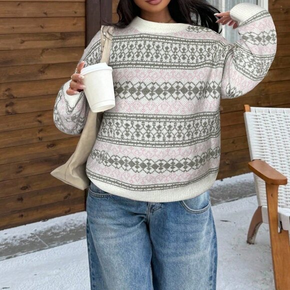 Multicolor Casual Women's Loose Fit Crew Neck Long Sleeve Sweater - Picture 3 of 7